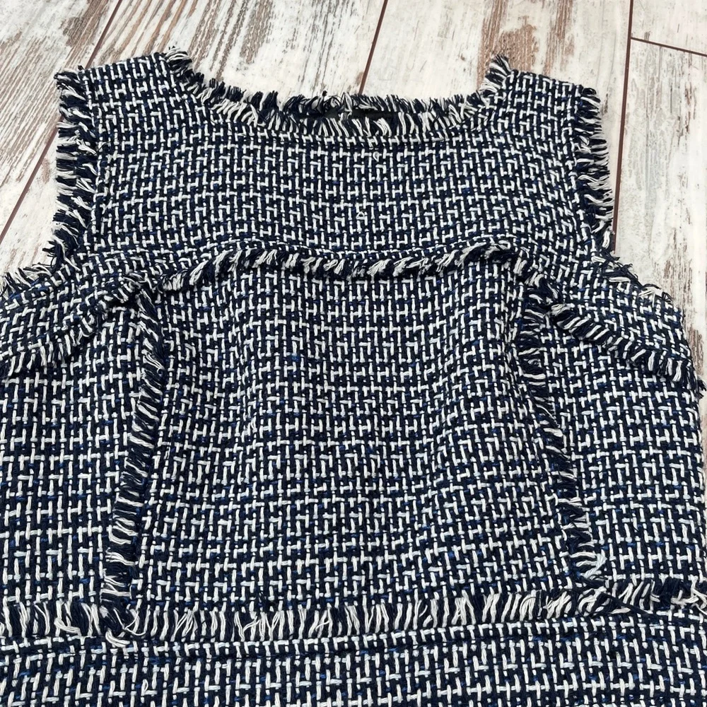 Tory Burch Petula Blue Tweed Fringe Sheath Dress Sleeveless Size 2
